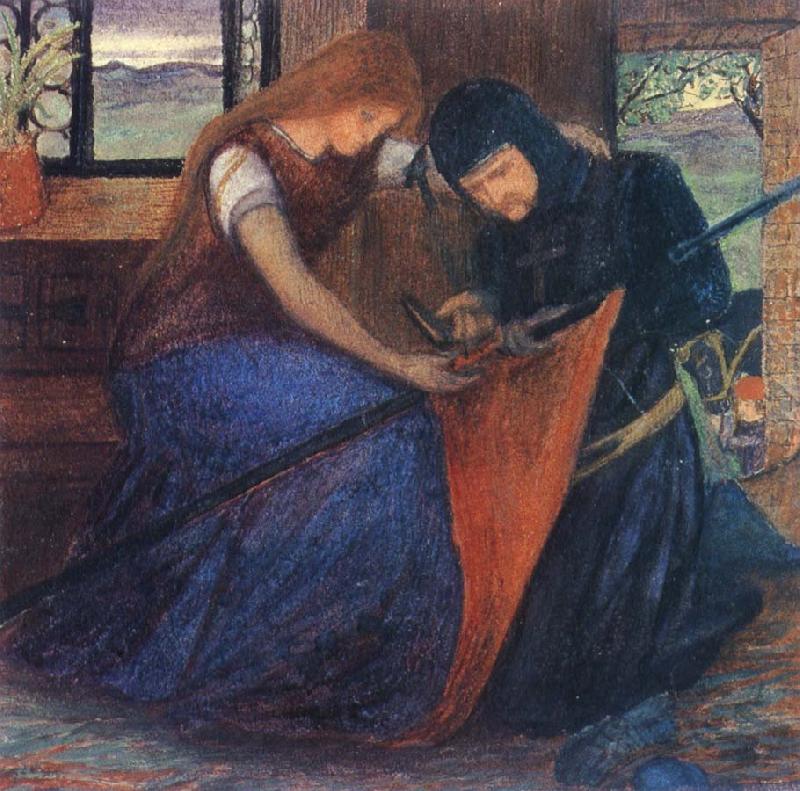 unknow artist Lady Affixing pennant to a knight-s spear France oil painting art